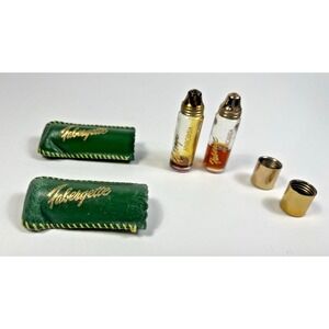2 Faberge Aphrodisia 1.25 Dram Fabergette Roll-On Perfume & Green Leather Cases